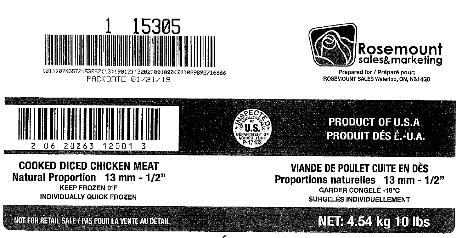 Rosemount Sales & Marketing - Rosemount Sales & Marketing	Cooked Diced Chicken Meat Natural Proportion 13mm – ½” (#15305)Cooked Diced Chicken Meat Natural Proportion 13mm – ½” (#15305)