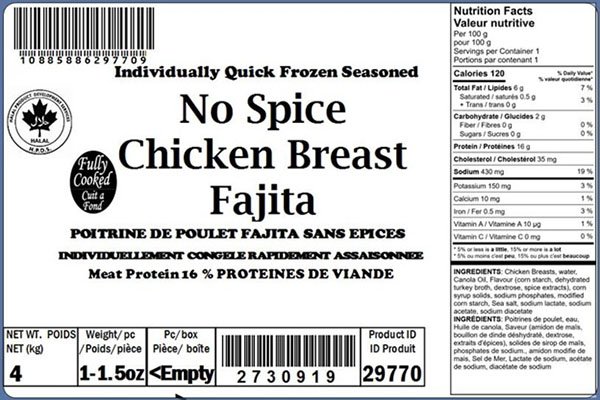 Glacial Treasure - No Spice Chicken Breast Fajita (Halal) Product ID: 29770  