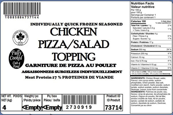 Glacial Treasure - Garniture de pizza au poulet - « Chicken Pizza/Salad Topping » (Halal) ID Produit : 73714