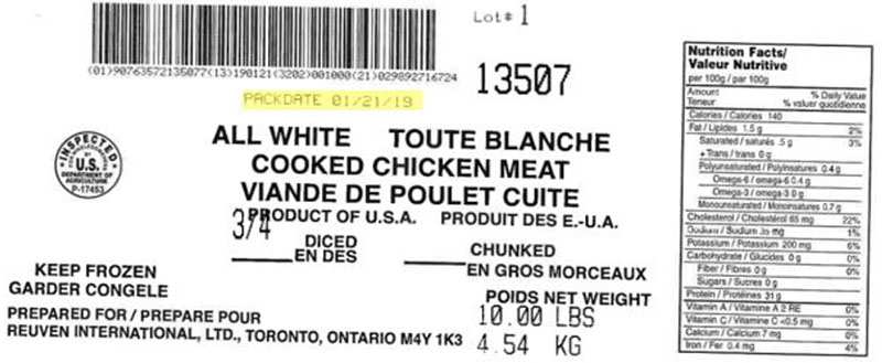 Reuven International Ltd  - Viande de poulet cuite toute blanche – en dés de ¾ po (#13507)