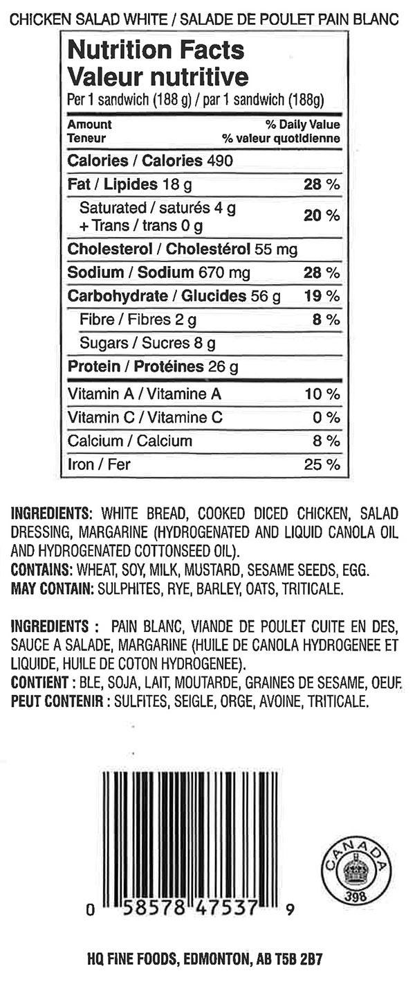 Quality Fast Foods - Deli Chicken Salad Sandwich White - nutrition facts