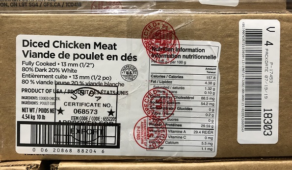 Gordon Choix - Viande de poulet en dés 13mm (1/2 po) 80% viande brune 20% viande blanche