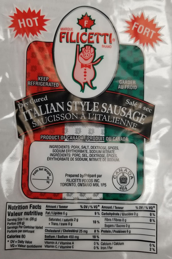 Filicetti - Dry Cured Italian Style Sausage (Hot)