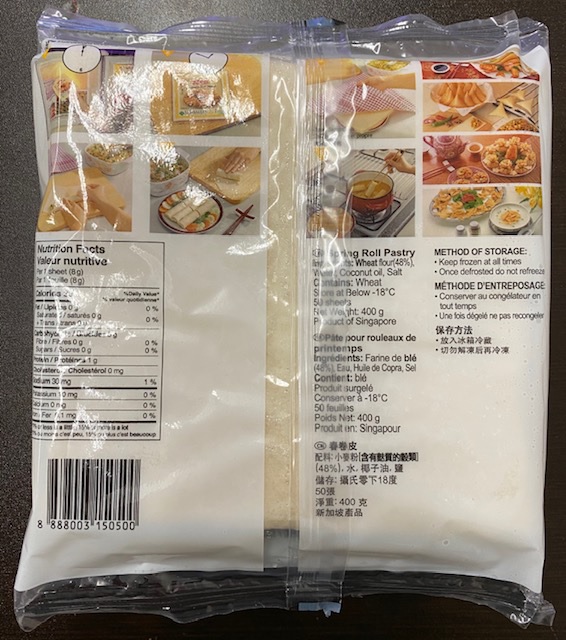 TYJ Pâte pour rouleaux de printemps (6”) - 400 g (50 feuilles) - arrière de l'emballage