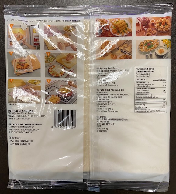 TYJ Pâte pour rouleaux de printemps (8.5”) - 275 g (20 feuilles) - arrière de l'emballage
