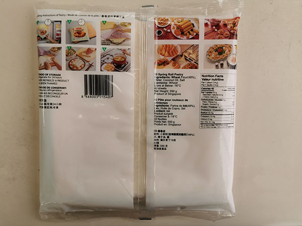 TYJ Pâte pour rouleaux de printemps (8.5") - 550 g (40 feuilles) - arrière de l'emballage