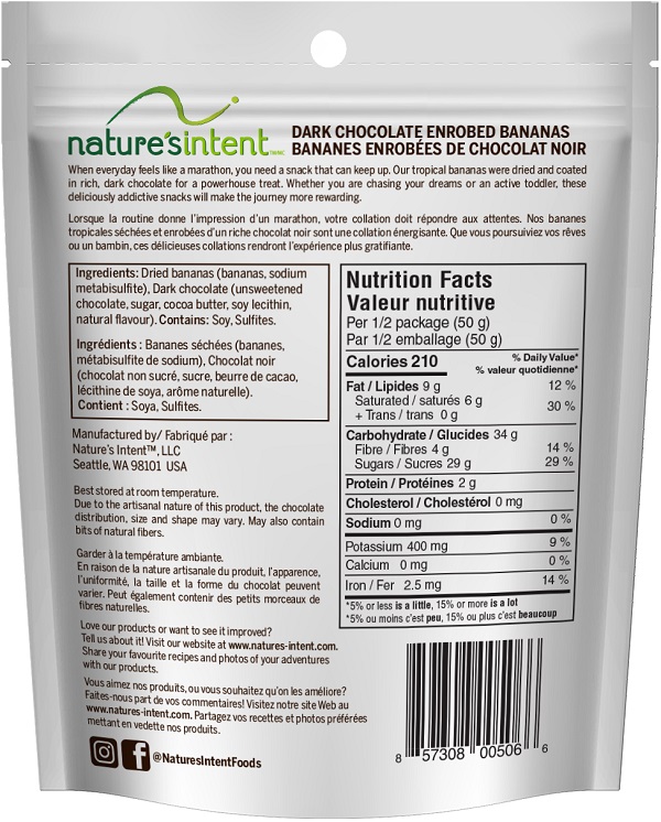 Nature's Intent – Dark Chocolate Enrobed Bananas – 100 grams (back)