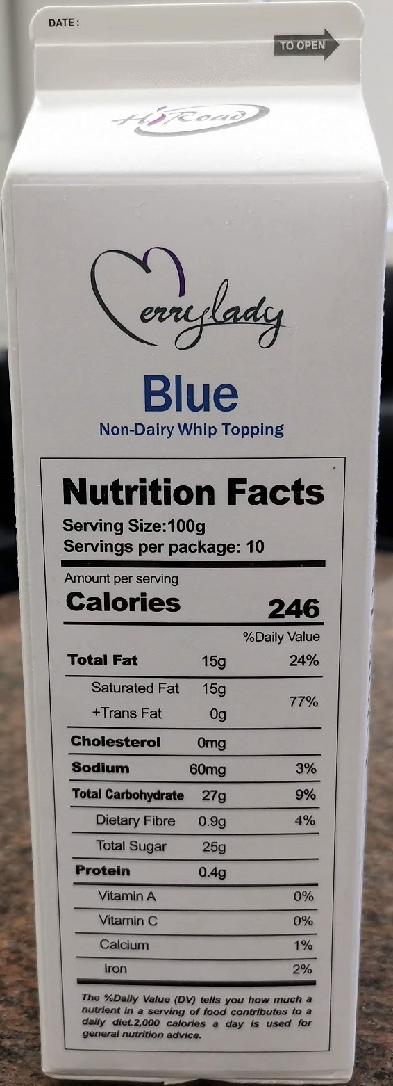 Merrylady – Non-Dairy Blue Whip Topping – 1 kg (nutrition facts)