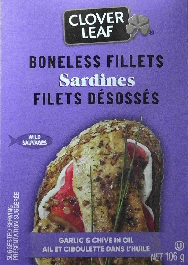 Clover Leaf – Filets de sardines désossés – ail et ciboulette dans l'huile – 106 grammes (recto)