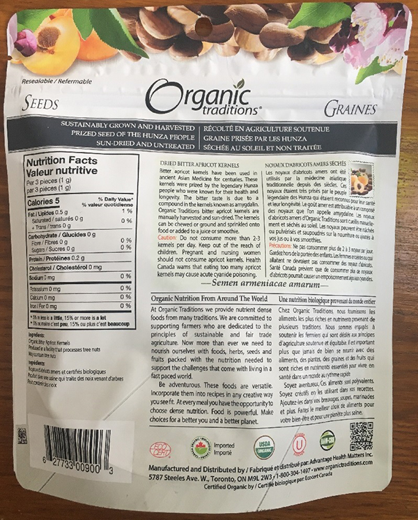 Organic Traditions - Noyaux d'abricots amers séchés - verso