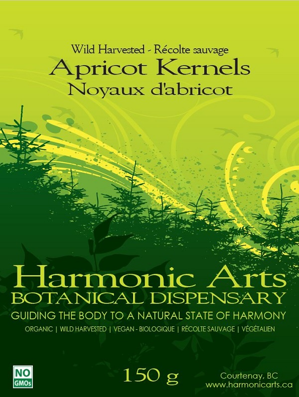 Harmonic Arts Botanical Dispensary – Wild Harvested Apricot Kernels – 150 grams (front)