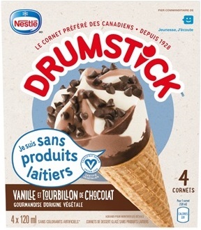 Nestlé – Drumstick Vanille et Tourbillon de Chocolat Cornets de Dessert Glacé Sans Produits Laitiers – 4 × 120 mL