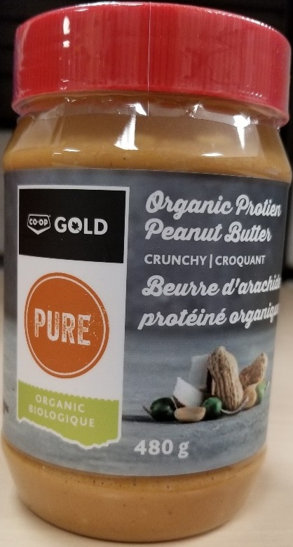 Co-op Gold Pure – « Beurre d'arachide protéiné organique – croquant » – 480 grammes (recto)