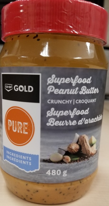 Co-op Gold Pure – « Superfood beurre d'arachide – croquant » – 480 grammes (recto)
