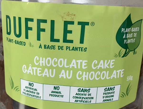 Dufflet – « À base de plantes gâteau au chocolate » – 550 grammes (étiquette)