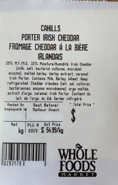 Cahills  – « Fromage cheddar á la bière irlandais » (étiquette imprimée en magasin)