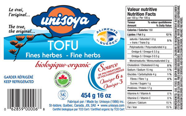 Unisoya - Tofu biologique - fines herbes - 454 grammes - étiquette (de l'emballage)