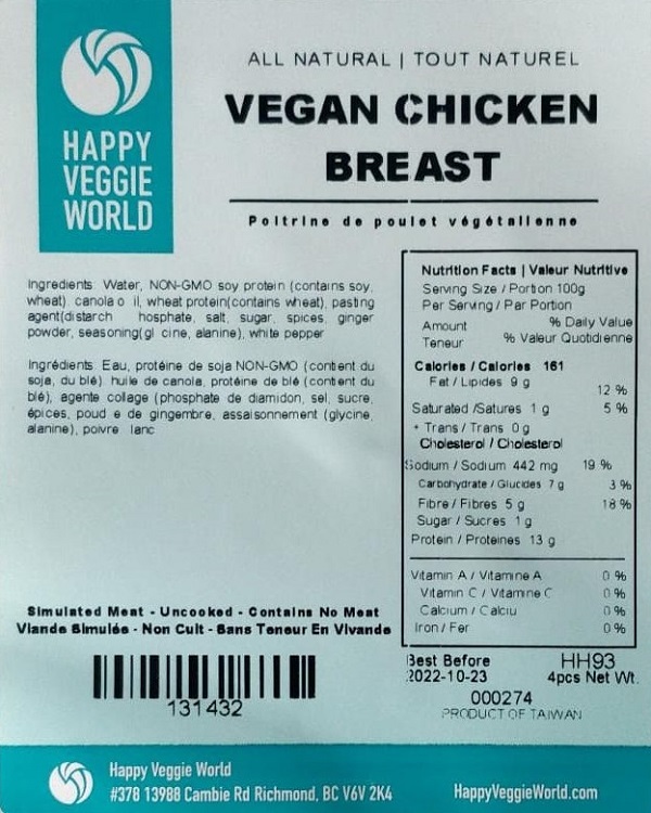 Happy Veggie World - Poitrine de poulet végétalienne - 4 morceaux