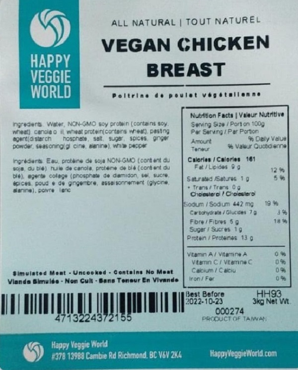 Happy Veggie World - Poitrine de poulet végétalienne - 3 kilogrammes