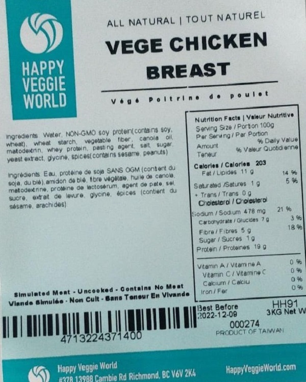 Happy Veggie World - « Végé poitrine de poulet » - 3 kilogrammes