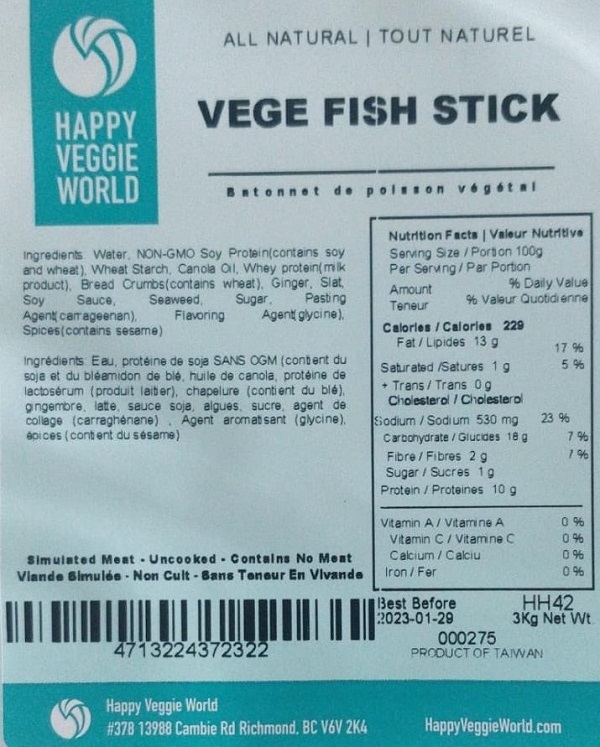Happy Veggie World - « Batonnet de poisson végétal » - 3 kilogrammes