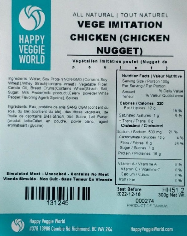 Happy Veggie World - « Végétalien imitation poulet (nugget de poulet) » - 300 grammes