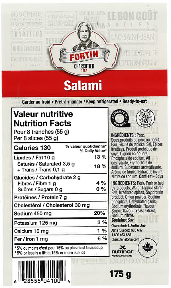 Fortin-Charcuterie - Salami - 175 grammes - étiquette (de l'emballage)