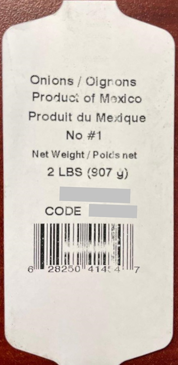 Gwillimdale Farms - Oignons - 2 lbs (907 g) - étiquette (de l'emballage), verso