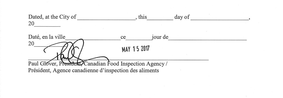 Date: May 15, 2017, President, Canadian Food Inspection Agency