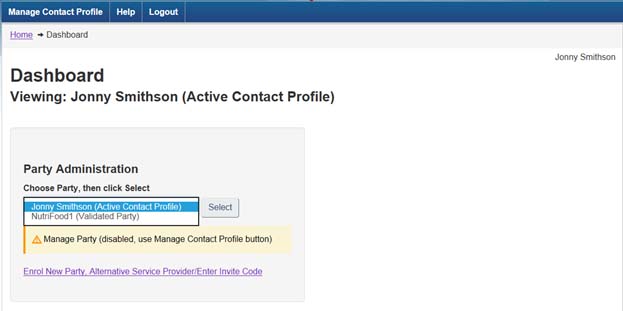 Screen capture of the My CFIA dashboard page, showing how to select the correct party from the drop down list.