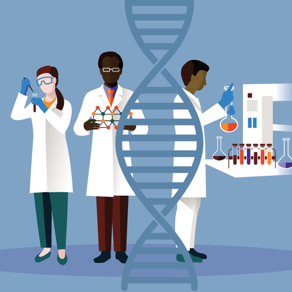 Three caricatures of scientists working with test tubes. There is a graphic of a DNA strain running through the centre of the image.
