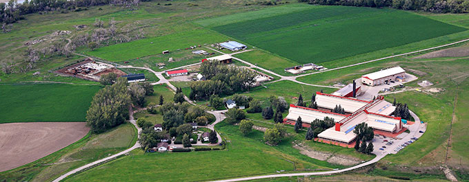 Aerial shot of the National Centre for Animal Diseases (NCAD) building in Lethbridge, Alberta