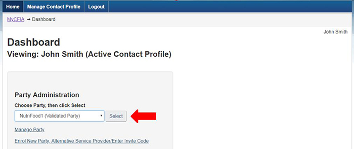 Screen capture of the My CFIA dashboard page, showing how to select the correct party from the drop down list.