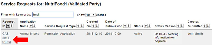 Screen capture of a service request in the Service Request Dashboard. Description follows.