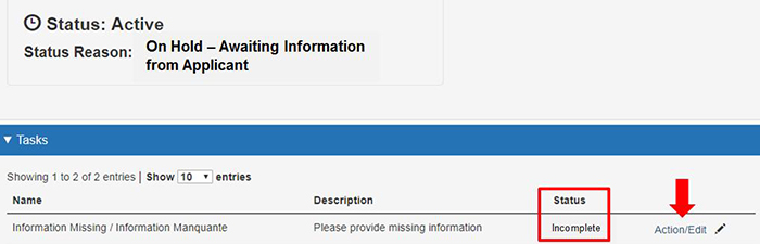 Screen capture of task required listed on the task required dashboard. Description follows.