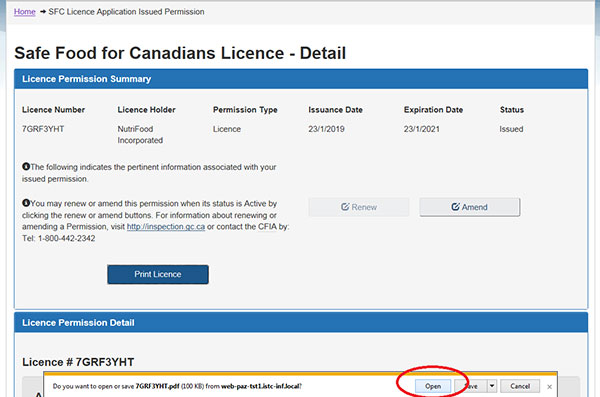 screen capture of the Safe Food for Canadians – Detail with download pop-up at the bottom of the page.