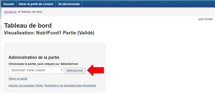 Capture d'écran de la page du tableau de bord de Mon ACIA montrant la manière de sélectionner la bonne partie dans la liste du menu déroulant.