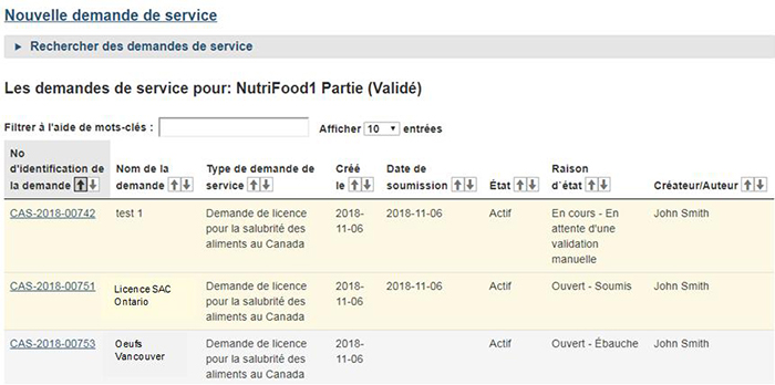 Capture d'écran du tableau de bord des demandes de service. La description suit.