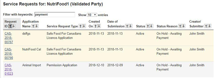 Screen capture of service request results from filtering using the keyword "payment" in the Service Request Dashboard. Desription follows.