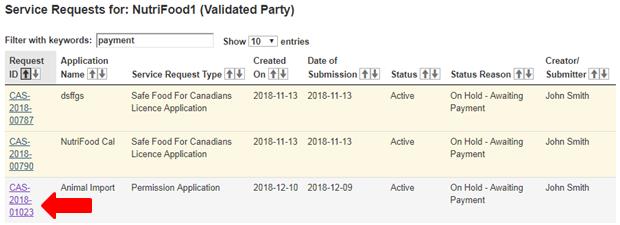 screen capture of service request results from filtering using the keyword "payment" in the Service Request Dashboard. Desription follows.