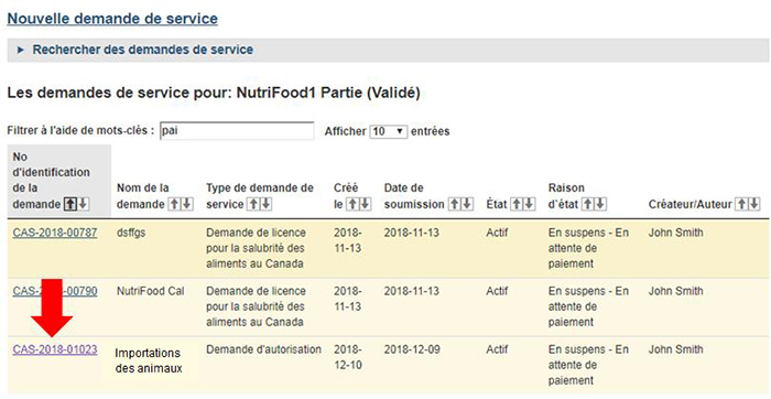 Capture d'écran des résultats filtrés de demande de service en utilisant le mot-clé « paiement » dans le tableau de bord des demandes de service. La description suit.