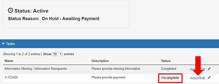 screen capture of task required listed on the task required dashboard. Description follows.