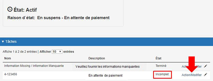 Capture d'écran des tâches nécessaires énumérées dans le tableau de bord des tâches nécessaires. La description suit.