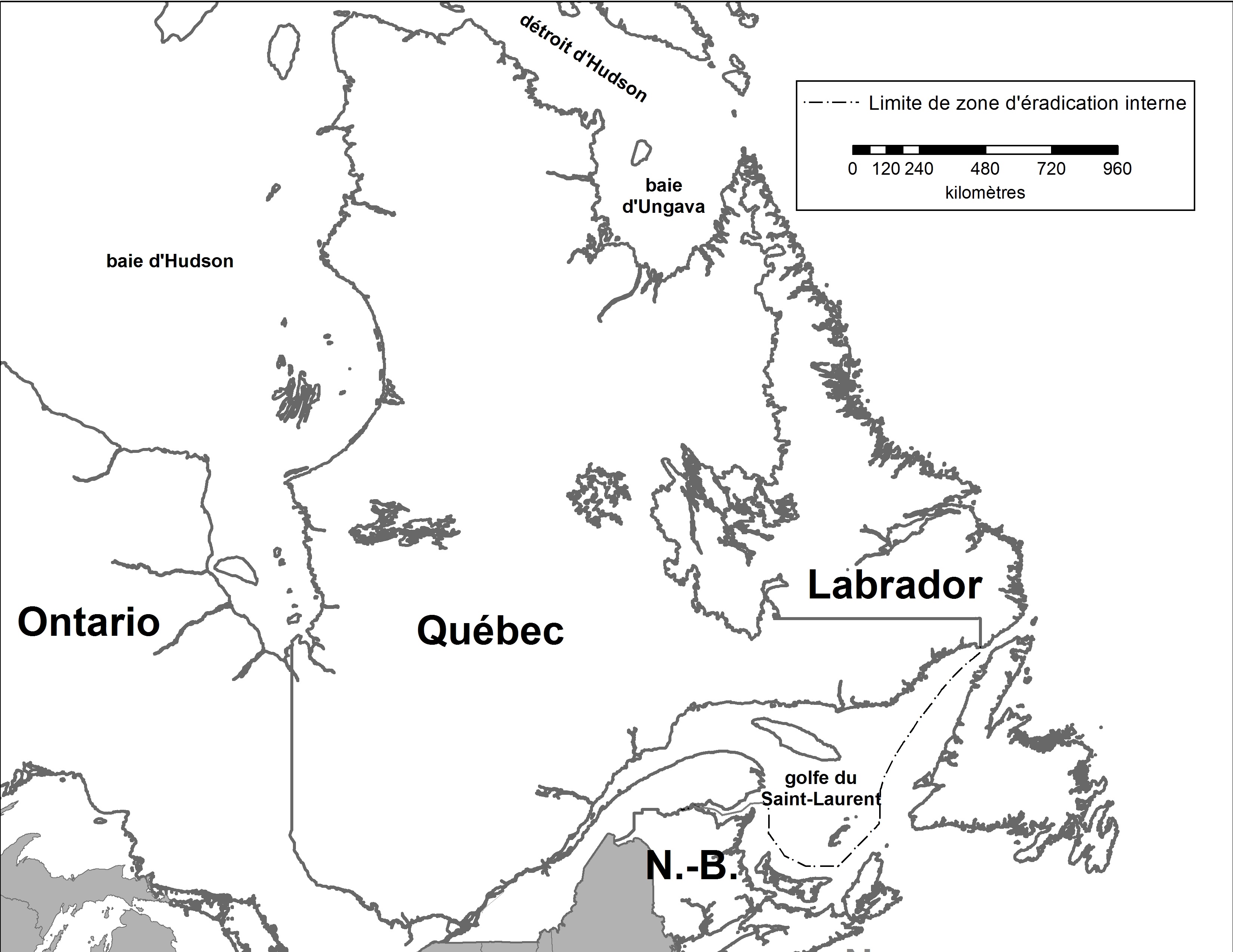 Québec – Carte de la région déclarée. Description ci-dessous.