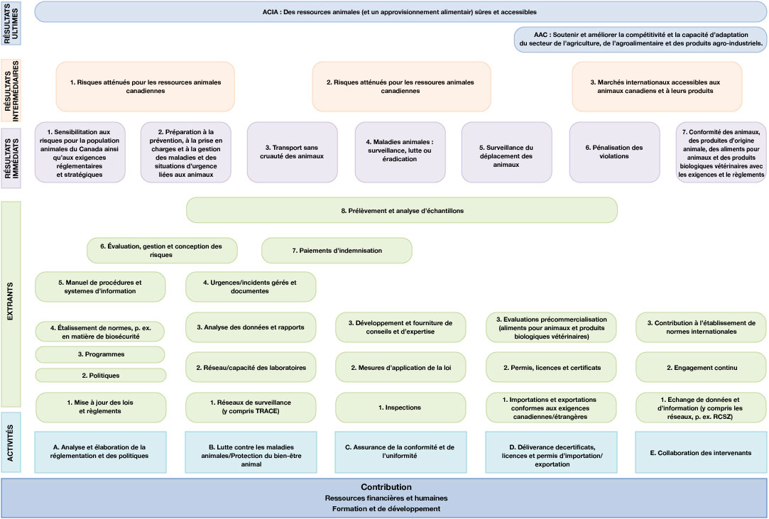 Cliquez sur l'image pour l'agrandir. Annexe C : Modèle logique du Programme de santé des animaux et de prévention des zoonoses. Description ci-dessous.