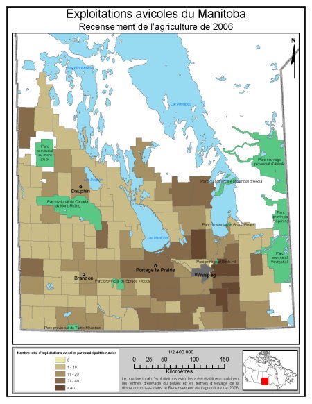Figure 1 : Emplacement des types de production de volaille au Manitoba. Description ci-dessous.