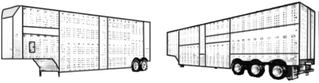 Deux figures de remorques. La figure de gauche montre l'extérieur de l'avant et du côté droit de la remorque de transport. La figure de droite montre l'extérieur de l'arrière et du côté gauche de la remorque de transport.