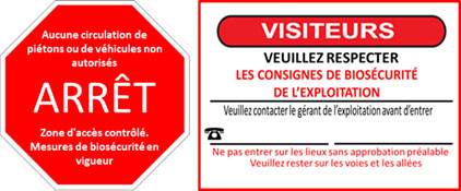 Affiche pour mesures de biosécurité. La description suit.