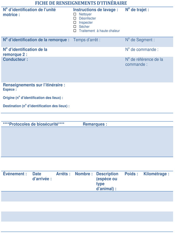 Annex 2a : Fiche de renseignements d'itinéraire. Description ci-dessous.