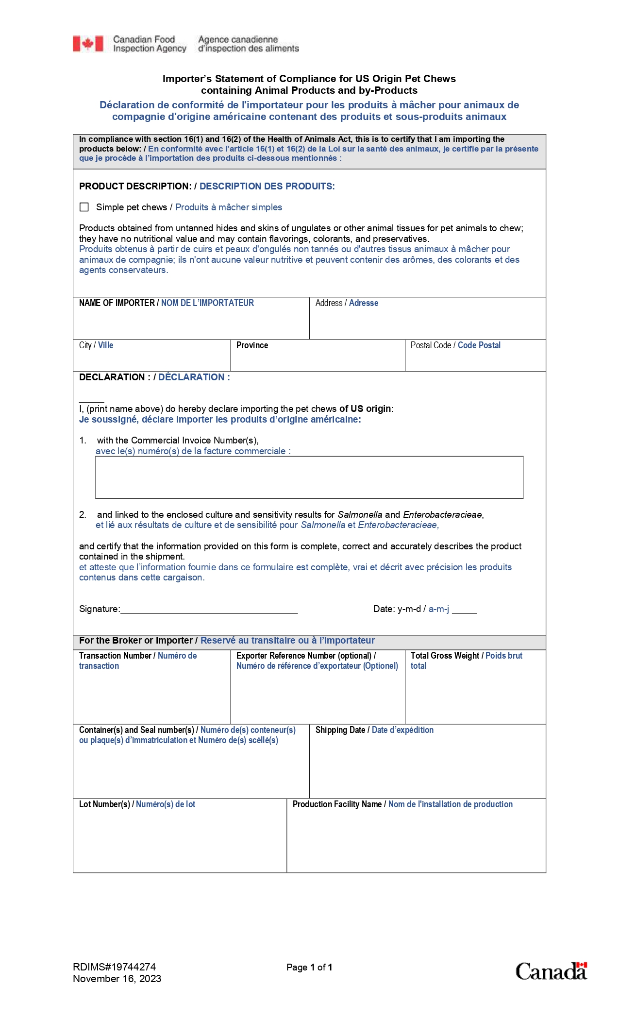 Importer's Statement of Compliance for US Origin Pet Chews containing Animal Products and by-Products. Description follows.